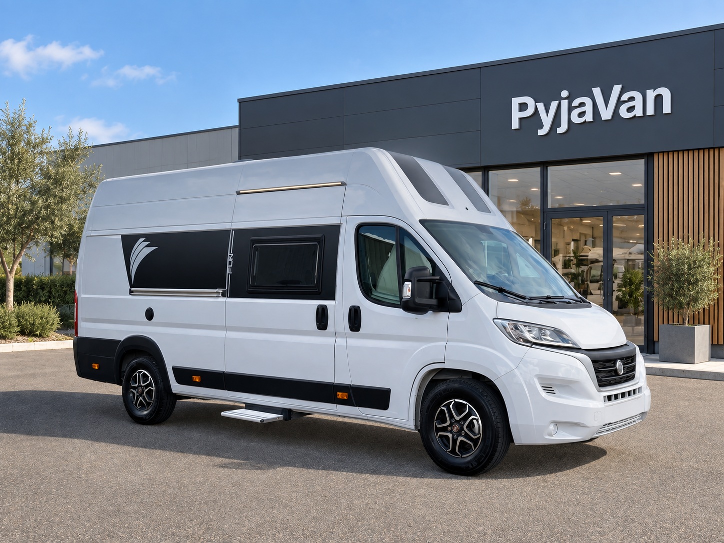 Extérieur du van aménagé Dreamer Camper Five PyjaVan, vue trois-quarts avant