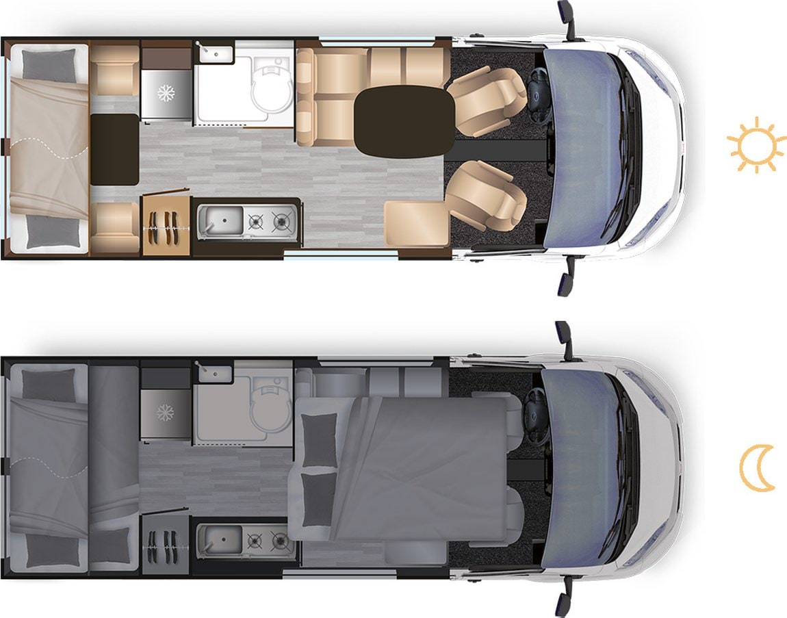 Les deux configurations du Dreamer Camper Five vues de dessus : en journée avec le salon et la table, la nuit avec les couchages dépliés